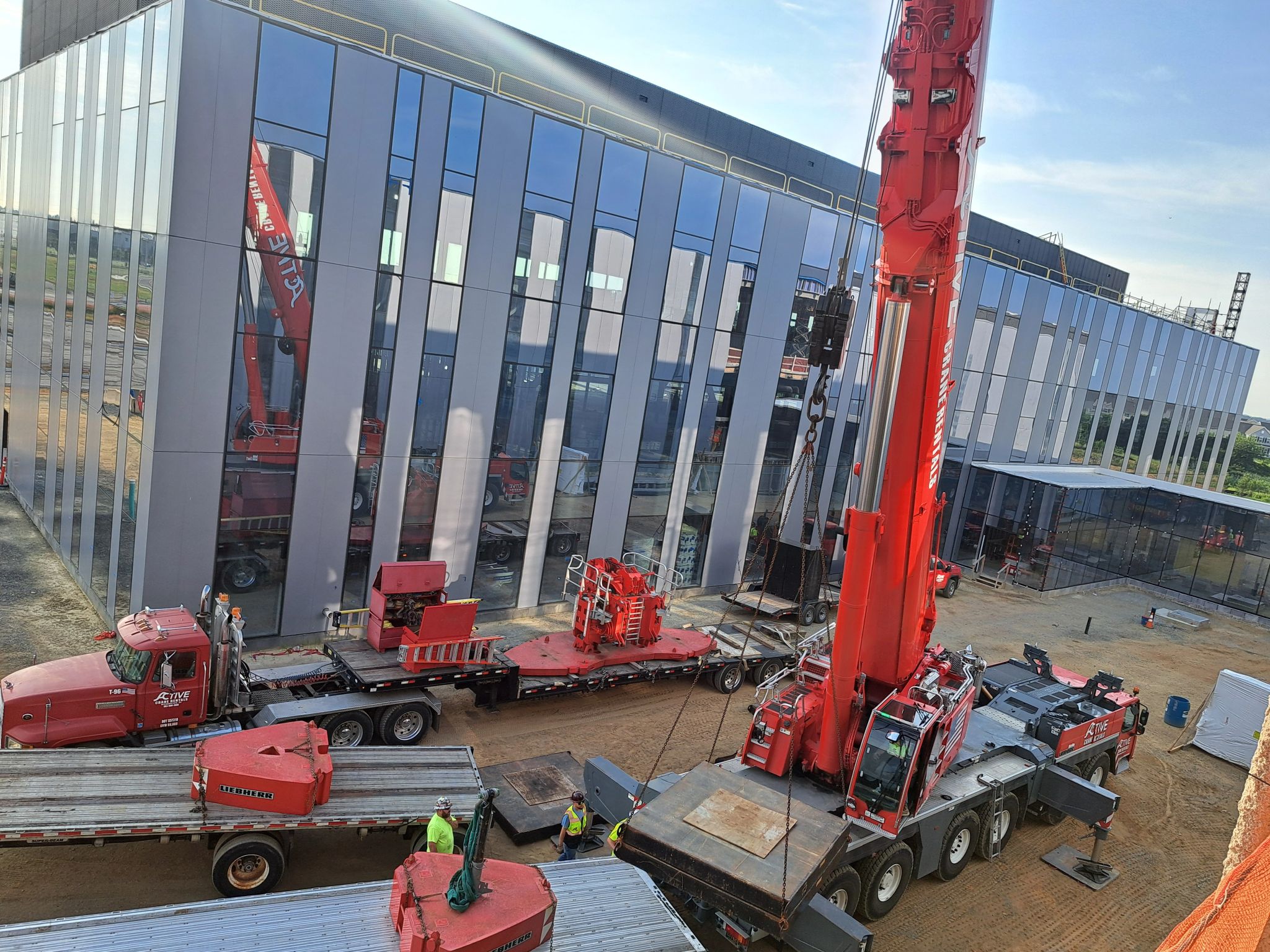 Construction site with cranes and trucks